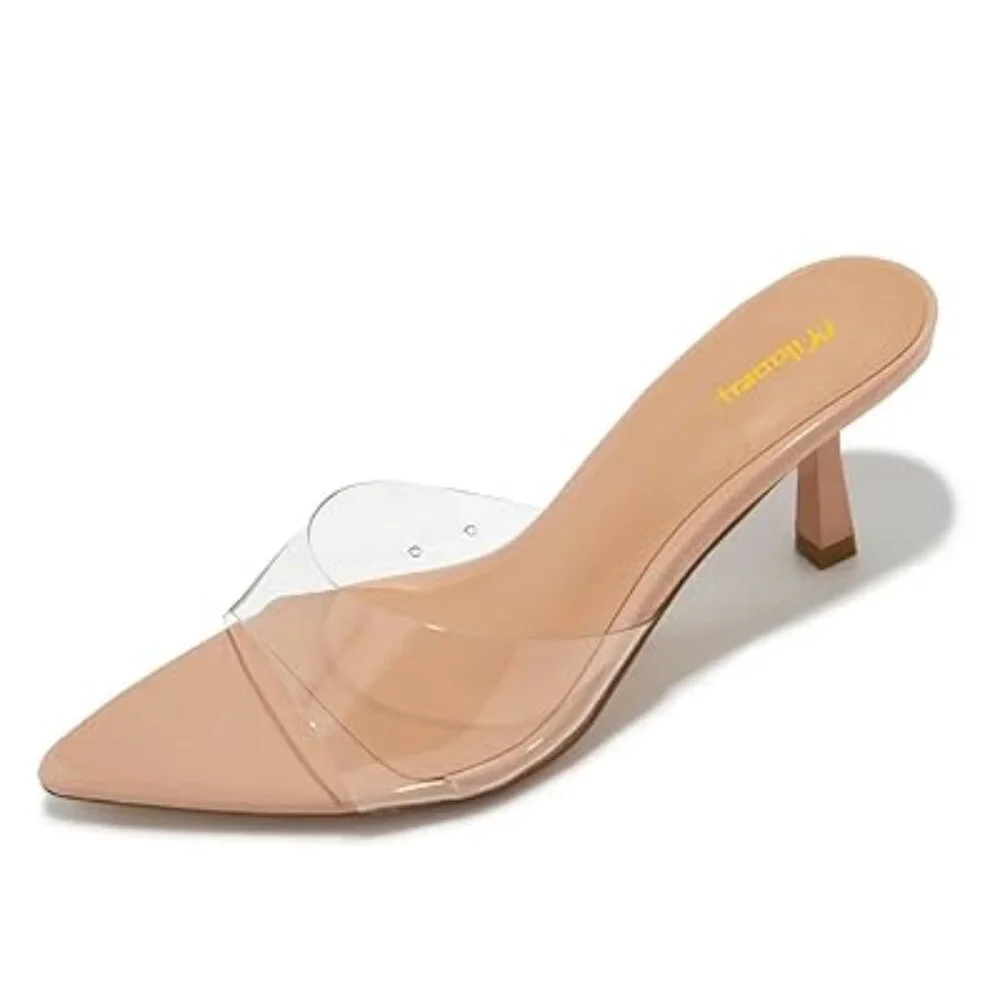 Milooey Nude Kitten Heel Mules Open Pointed Toe Slide Sandals Slipper Shoe